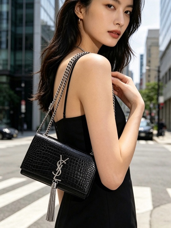 Saint Laurent Handbags - Saint Laurent Kate Monogramme Black Croc-Embossed Leather Bag with Tassel